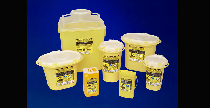 Product advertising photography for BD Medical of various yellow sharps containers in studio
.